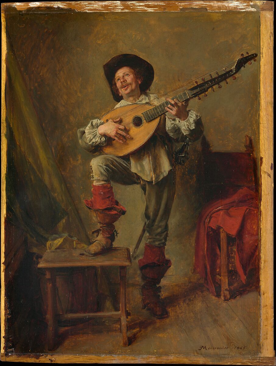 Soldier Playing the Theorbo, Ernest Meissonier (French, Lyons 1815–1891 Paris), Oil on wood 