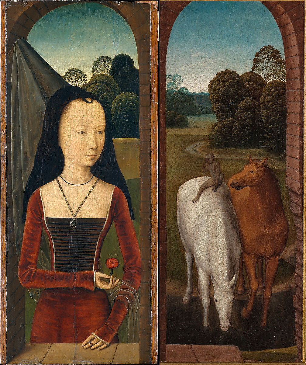 Young Woman with a Pink, Hans Memling (Netherlandish, Seligenstadt, active by 1465–died 1494 Bruges) and Workshop, Oil on wood