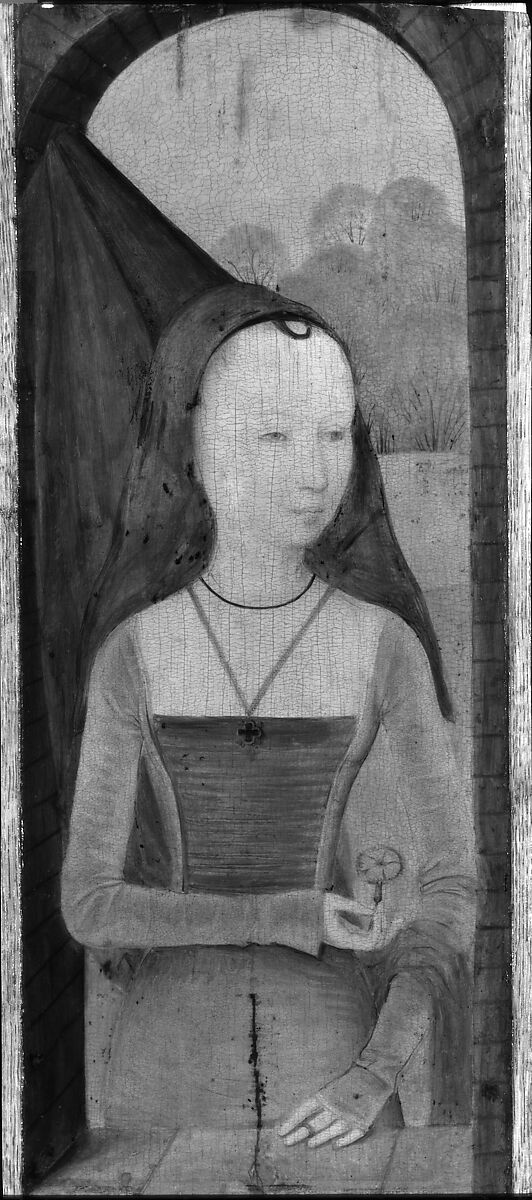 Young Woman with a Pink, Hans Memling (Netherlandish, Seligenstadt, active by 1465–died 1494 Bruges) and Workshop, Oil on wood