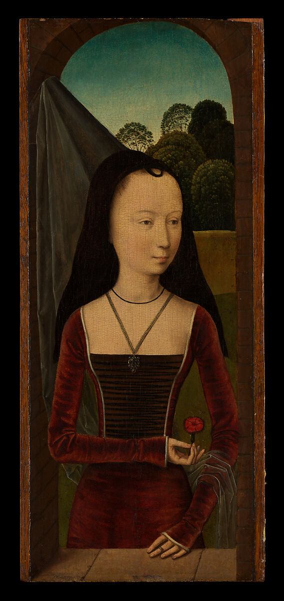 Young Woman with a Pink, Hans Memling (Netherlandish, Seligenstadt, active by 1465–died 1494 Bruges) and Workshop, Oil on wood 