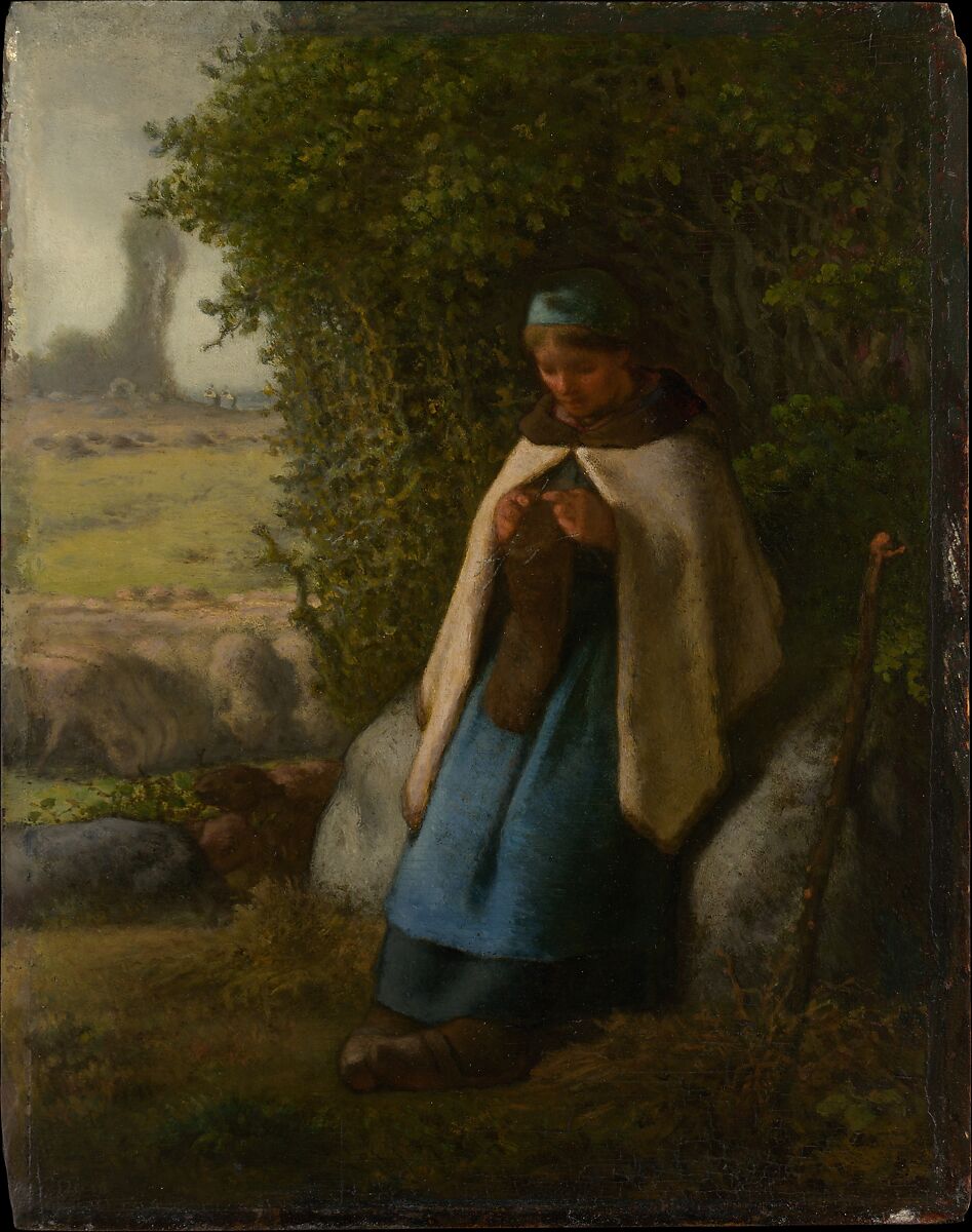 Shepherdess Seated on a Rock, Jean-François Millet (French, Gruchy 1814–1875 Barbizon), Oil on wood 