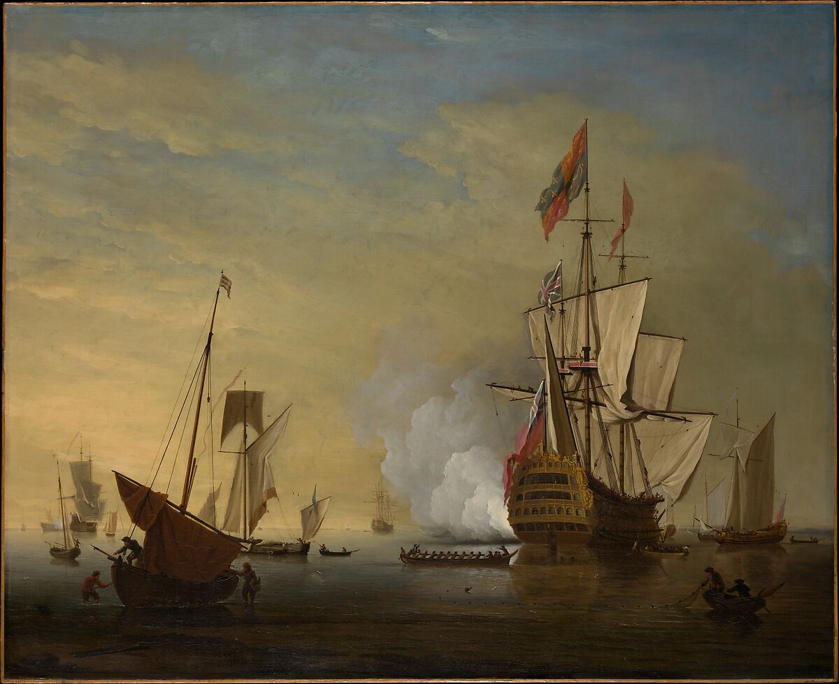 Harbor Scene: An English Ship with Sails Loosened Firing a Gun, Peter Monamy  British, Oil on canvas