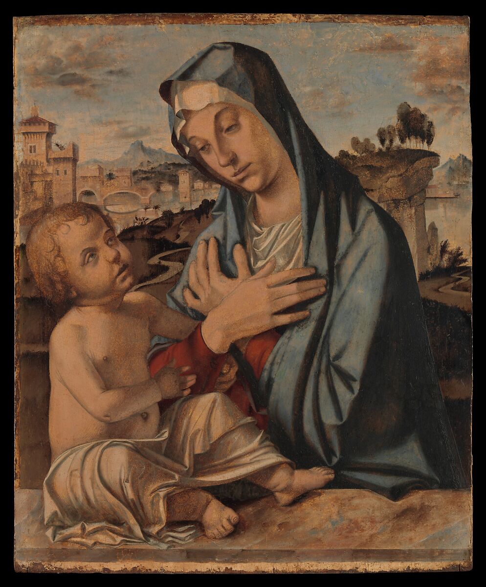 Madonna Adoring the Child, Bartolomeo Montagna (Bartolomeo Cincani) (Italian, Vicentine, before 1459–1523), Oil(?) on wood 