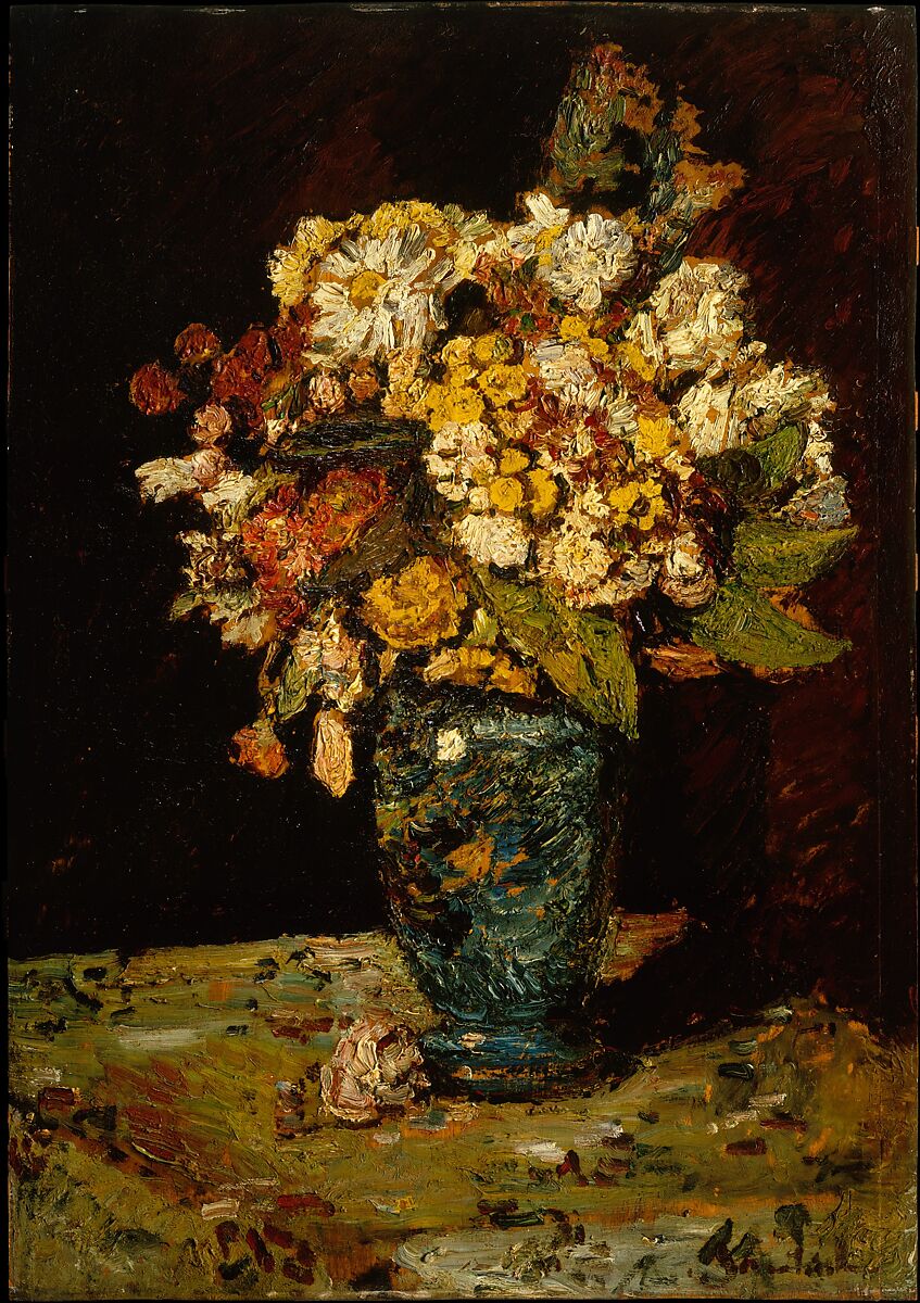 Flowers in a Blue Vase, Adolphe Monticelli (French, Marseilles 1824–1886 Marseilles), Oil on wood 