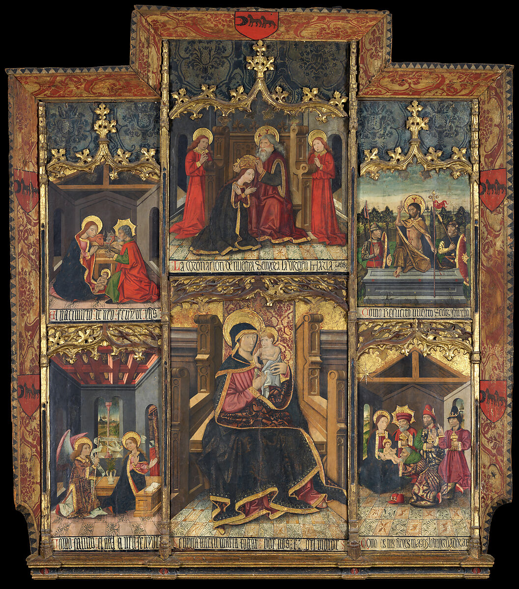 Virgin and Child Enthroned with Scenes from the Life of the Virgin, Morata Master (Spanish, Aragonese, late 15th century), Tempera and gold on wood 