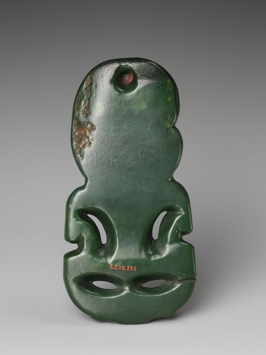 Greenstone pendant, Nephrite jade (pounamu), shell, pigment, and wax, Maori; Aotearoa New Zealand