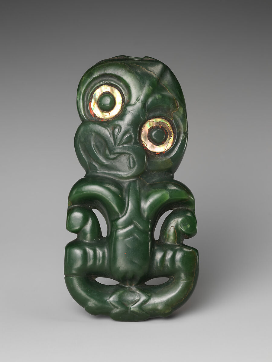 Greenstone pendant, Nephrite jade (pounamu), shell, pigment, and wax, Maori; Aotearoa New Zealand 