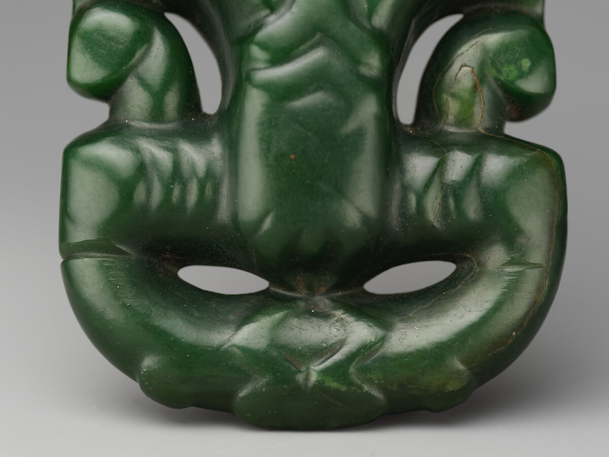 Greenstone pendant, Nephrite jade (pounamu), shell, pigment, and wax, Maori; Aotearoa New Zealand