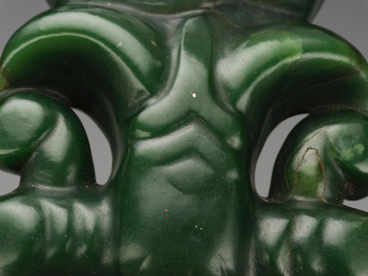 Greenstone pendant, Nephrite jade (pounamu), shell, pigment, and wax, Maori; Aotearoa New Zealand