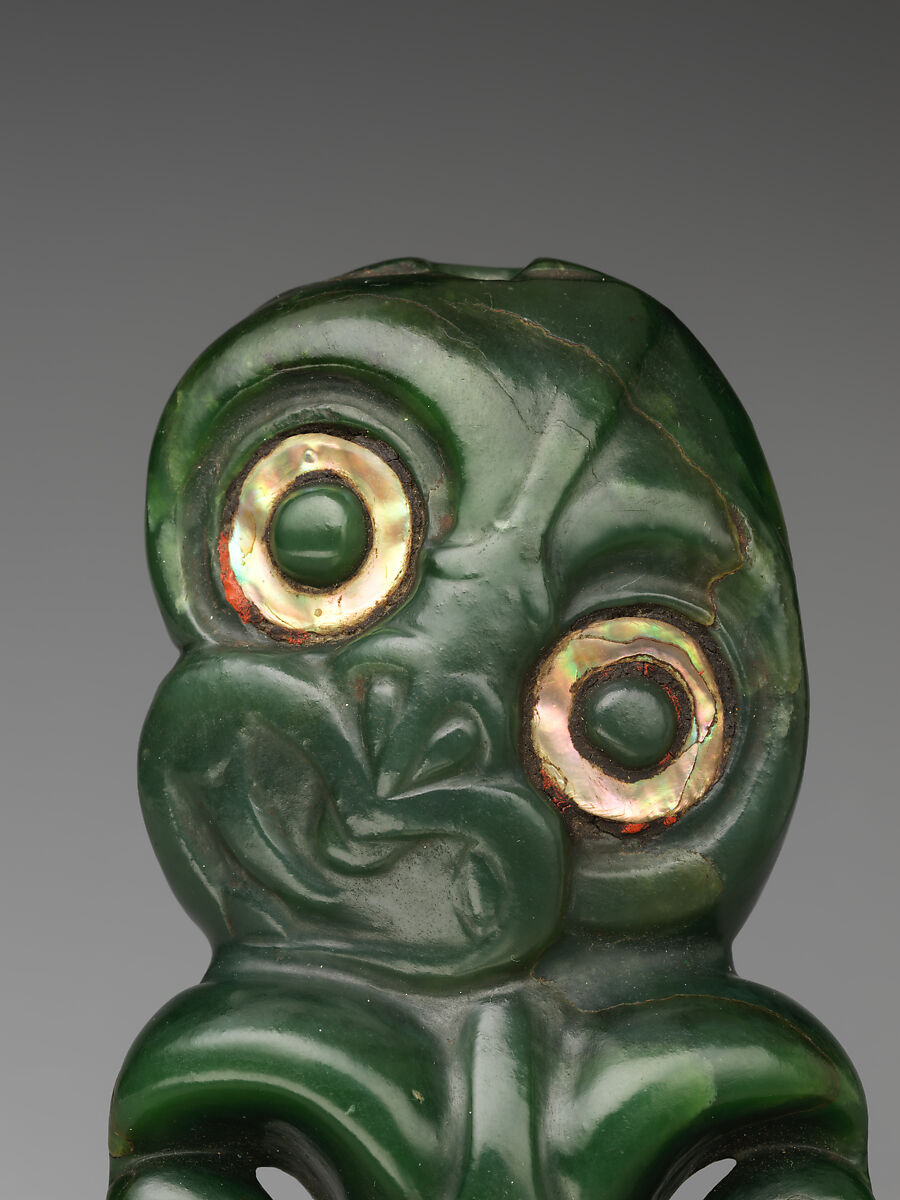 Greenstone pendant, Nephrite jade (pounamu), shell, pigment, and wax, Maori; Aotearoa New Zealand