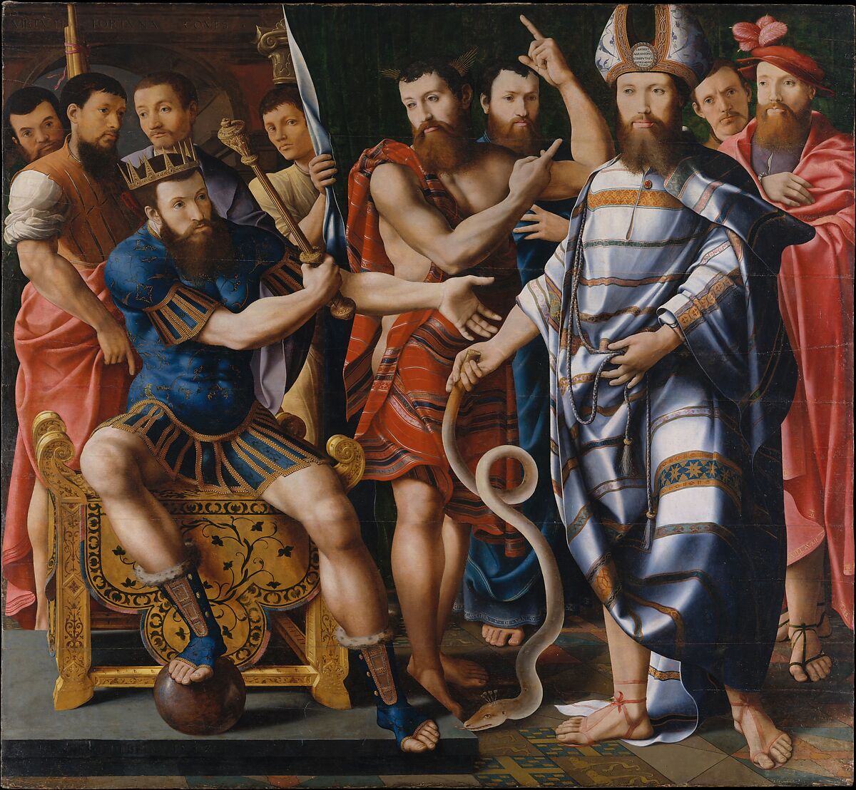 Moses and Aaron before Pharaoh: An Allegory of the Dinteville Family, Master of the Dinteville Allegory (Netherlandish or French, active mid-16th century), Oil on wood 