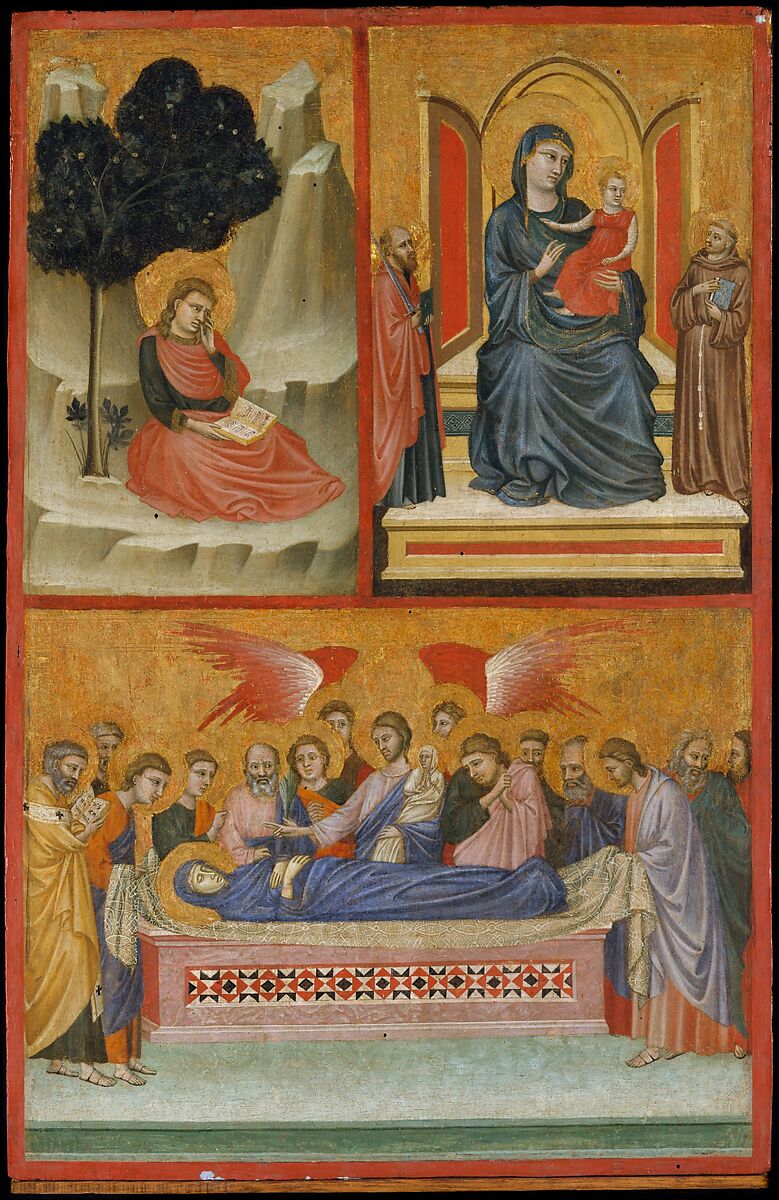 Saint John on Patmos, Madonna and Child Enthroned, and Death of the Virgin; The Crucifixion, Pacino di Bonaguida  Italian, Tempera on wood, gold ground