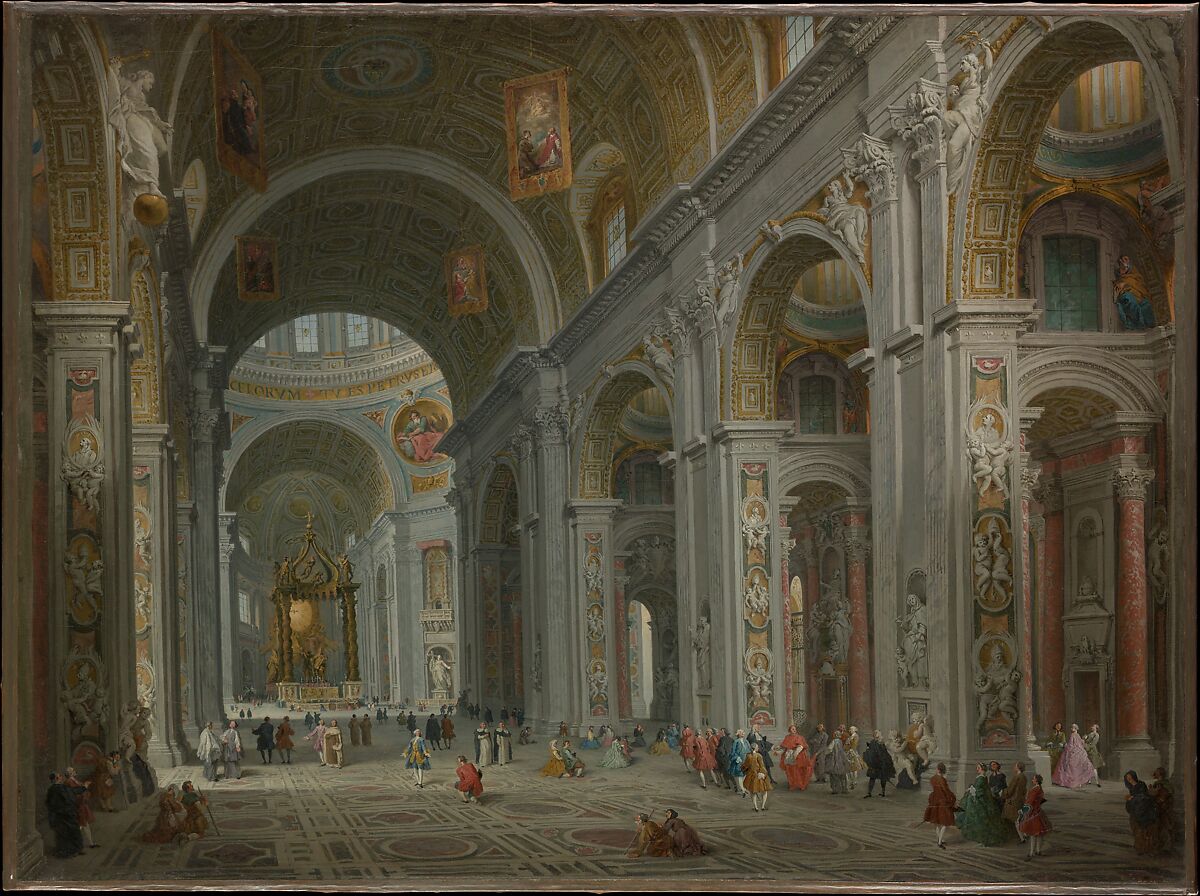 Interior of Saint Peter's, Rome, Giovanni Paolo Panini (Italian, Piacenza 1691–1765 Rome), Oil on canvas 