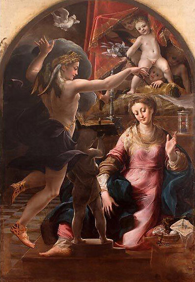 The Annunciation, Attributed to Girolamo Mazzola Bedoli (Italian, Viadana ca. 1505–ca. 1570 Parma), Oil on wood