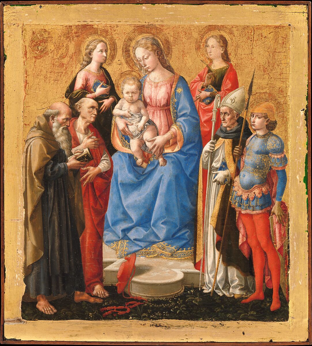 Madonna and Child with Six Saints, Pesellino (Francesco di Stefano) (Italian, Florence ca. 1422–1457 Florence), Tempera on wood, gold ground 