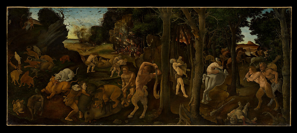 A Hunting Scene, Piero di Cosimo (Piero di Lorenzo di Piero d&#39;Antonio) (Italian, Florence 1462–1522 Florence), Tempera and oil transferred to Masonite 