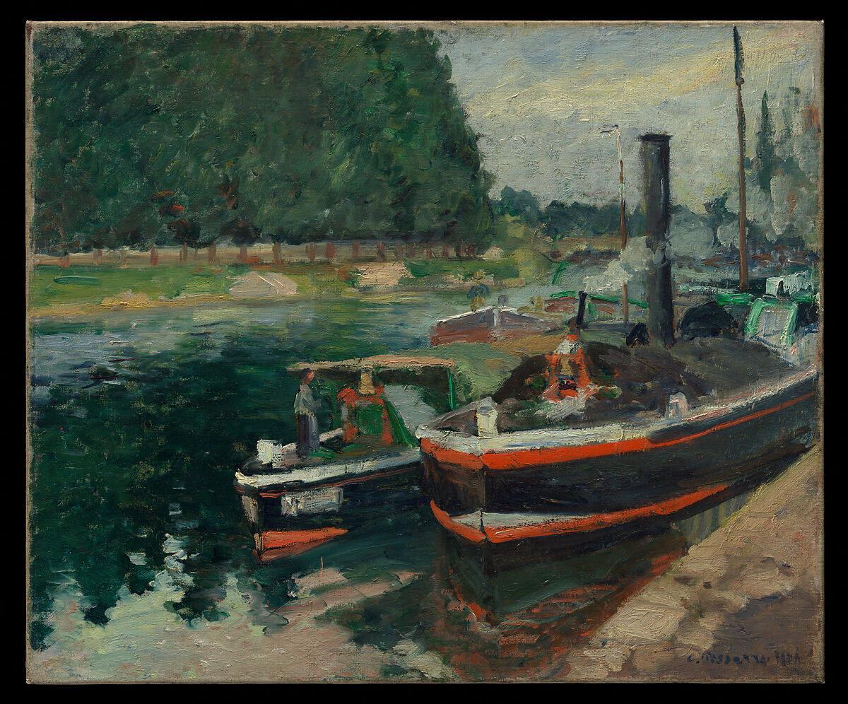 Barges at Pontoise, Camille Pissarro (French, Charlotte Amalie, Saint Thomas 1830–1903 Paris), Oil on canvas 