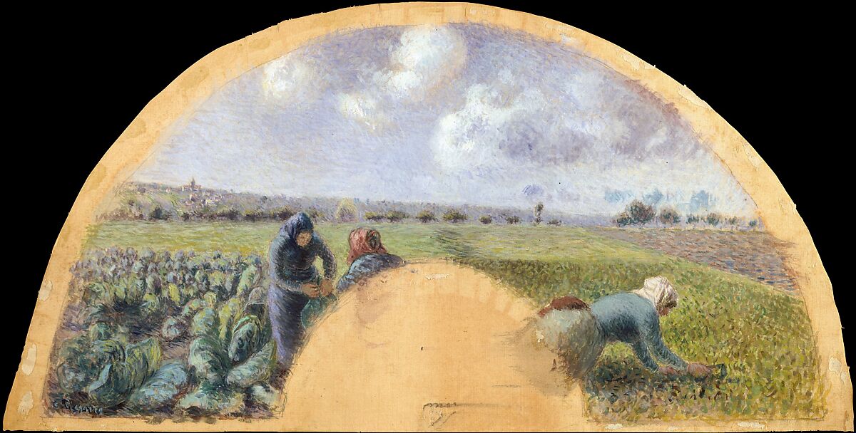 Fan Mount: The Cabbage Gatherers, Camille Pissarro (French, Charlotte Amalie, Saint Thomas 1830–1903 Paris), Gouache on silk 