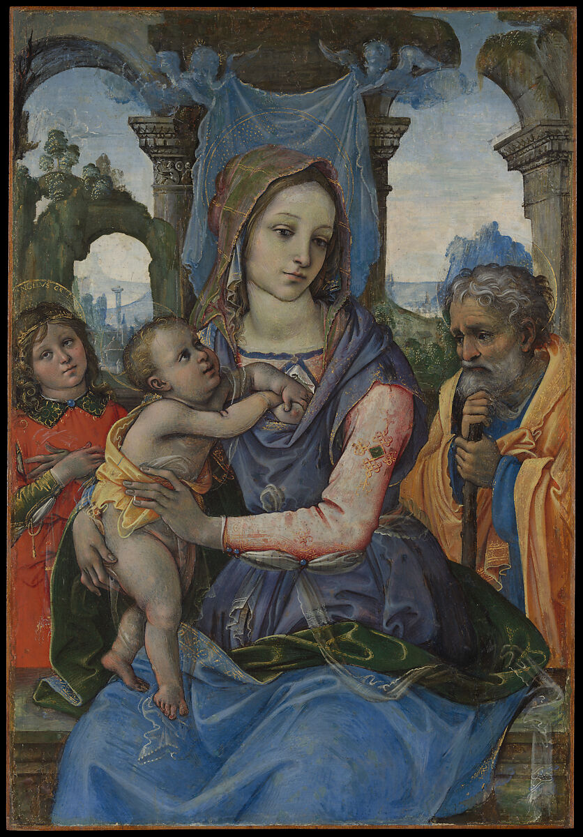 Holy Family with an Angel, Raffaellino del Garbo (also known as Raffaelle de&#39; Capponi and Raffaelle de&#39; Carli) (Italian, San Lorenzo a Vigliano, near Florence, ca. 1470–after 1527 Florence), Tempera on canvas, transferred from wood 