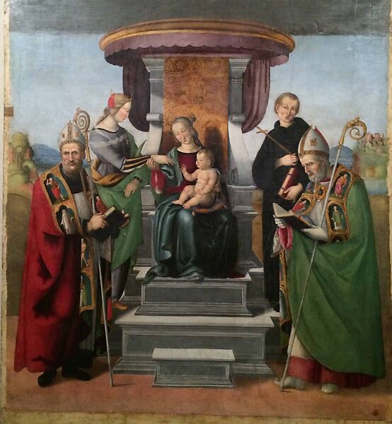 Madonna and Child Enthroned with Saints, Raphael (Raffaello Sanzio or Santi) (Italian, Urbino 1483–1520 Rome), Oil and gold on wood
