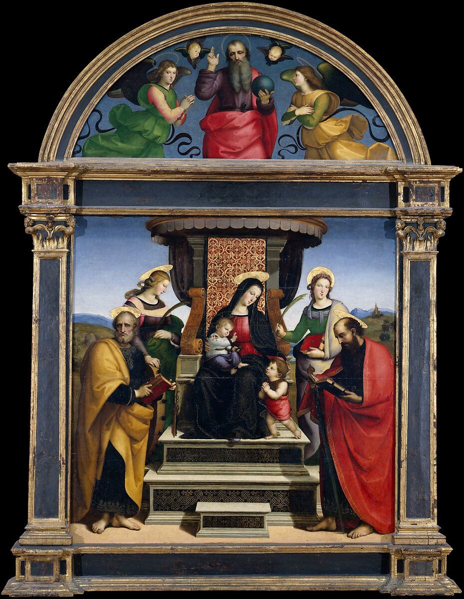Madonna and Child Enthroned with Saints, Raphael (Raffaello Sanzio or Santi) (Italian, Urbino 1483–1520 Rome), Oil and gold on wood 