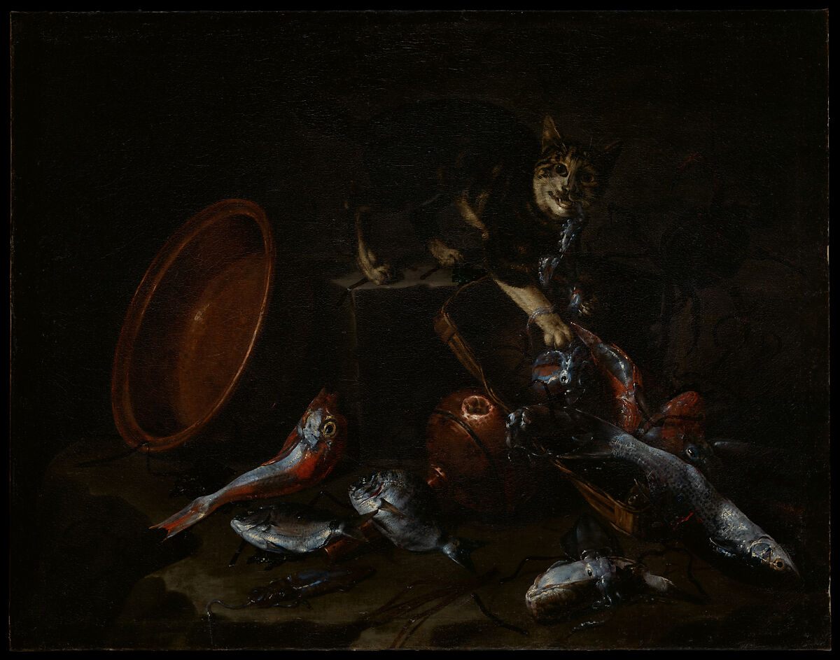 A Cat Stealing Fish, Giuseppe Recco (Italian, Neapolitan, 1634–1695), Oil on canvas 