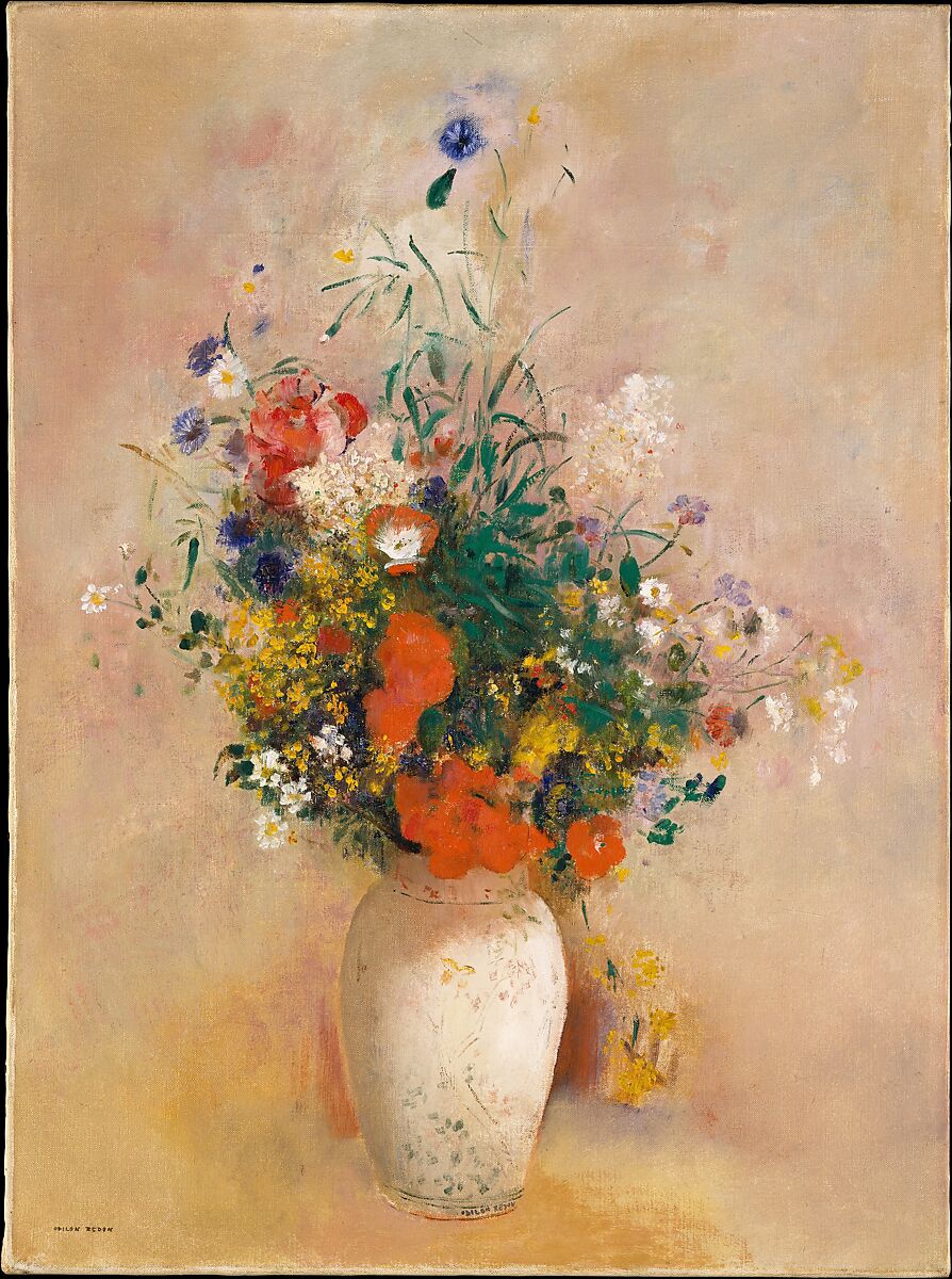 Odilon Redon Vase of Flowers Pink Background The