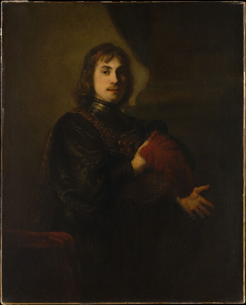 Portrait of a man wearing a milanese breastplate, lace collar and red sash  with his hands resting on a swept hilted sword and a plumed helmet