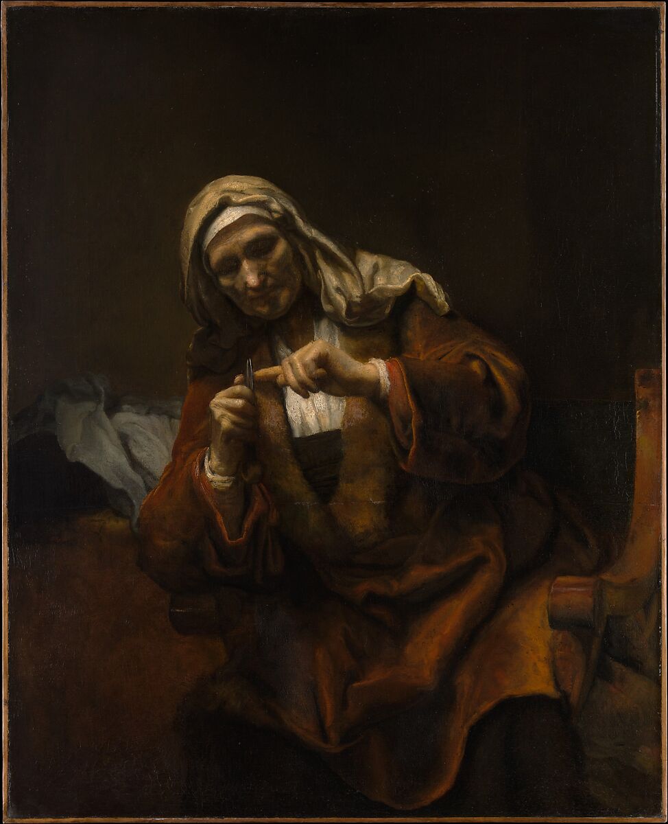 Old Woman Cutting Her Nails, Style of Rembrandt (Dutch, second or third quarter 17th century), Oil on canvas 