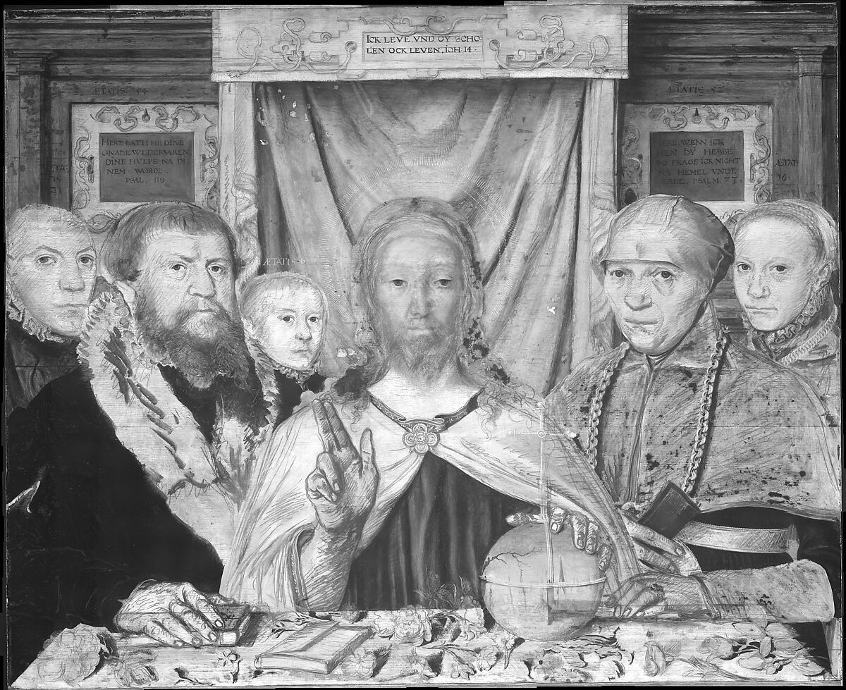 Christ Blessing, Surrounded by a Donor Family, German Painter (probably active Hamburg and Lower Saxony, 1560s–80s), Oil and gold on oak