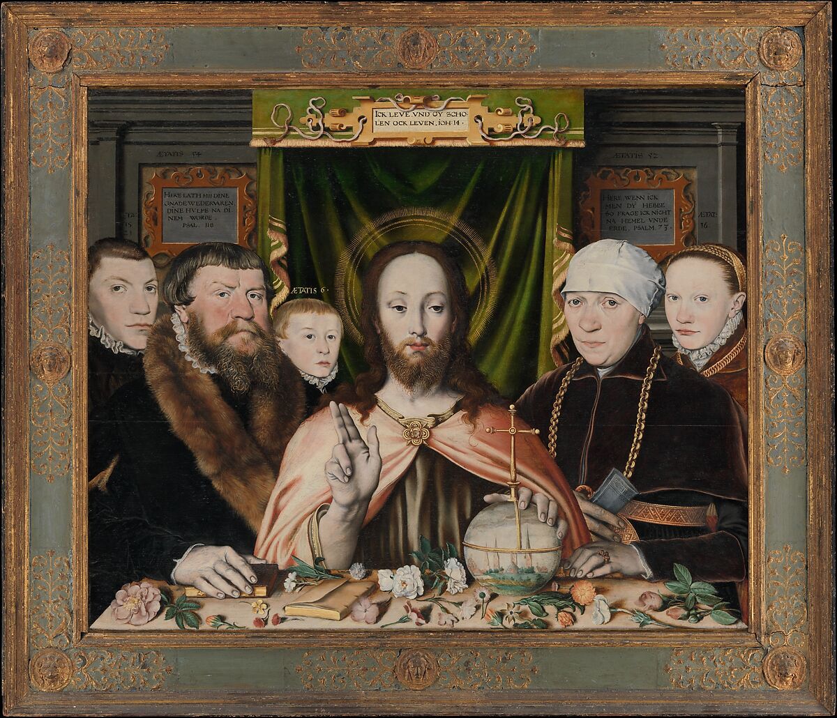 Christ Blessing, Surrounded by a Donor Family, German Painter (probably active Hamburg and Lower Saxony, 1560s–80s), Oil and gold on oak
