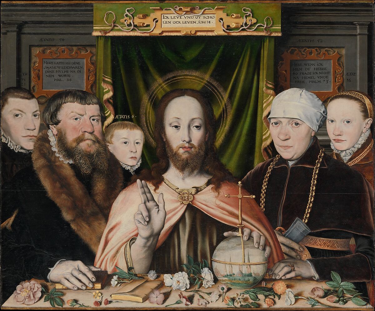Christ Blessing, Surrounded by a Donor Family, German Painter (probably active Hamburg and Lower Saxony, 1560s–80s), Oil and gold on oak