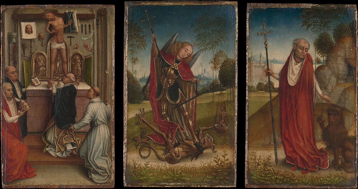 Saint Michael; The Mass of Saint Gregory; Saint Jerome, Master of the Saint Catherine Legend (Netherlandish, active ca. 1470–1500), Oil on wood 