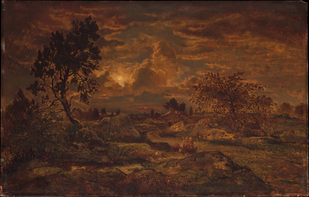 Sunset near Arbonne, Théodore Rousseau (French, Paris 1812–1867 Barbizon), Oil on wood 