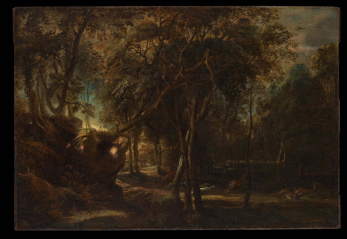 A Forest at Dawn with a Deer Hunt, Peter Paul Rubens  Flemish, Oil on wood