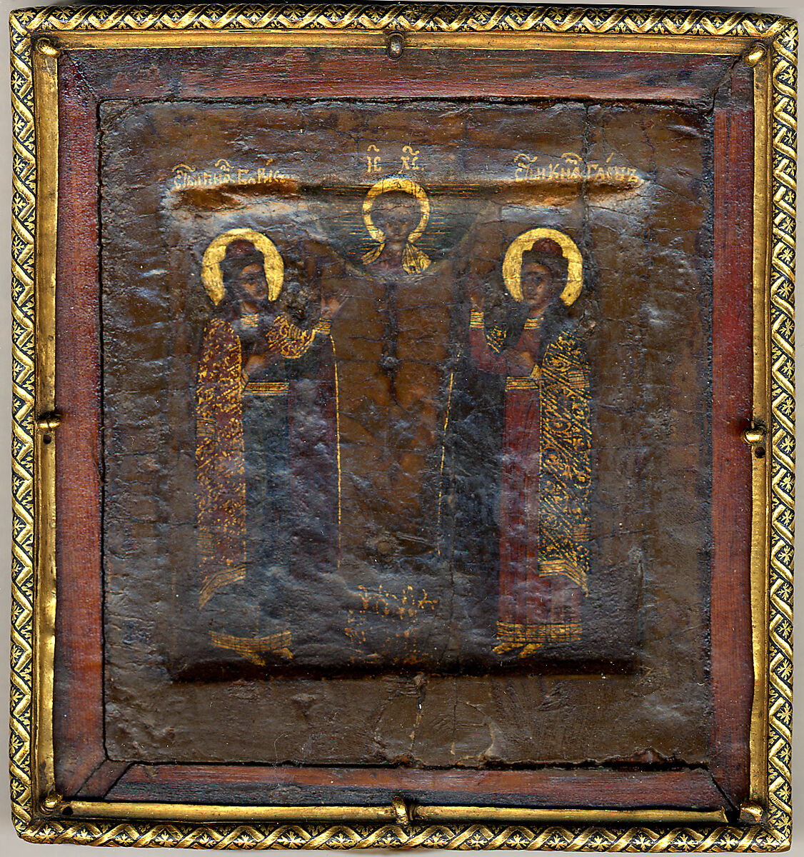 The Christ Child with Saints Boris and Gleb, Russian Painter (16th–18th century), (a) tempera and gold on wood; (b) gold and enamel studded with jewels 