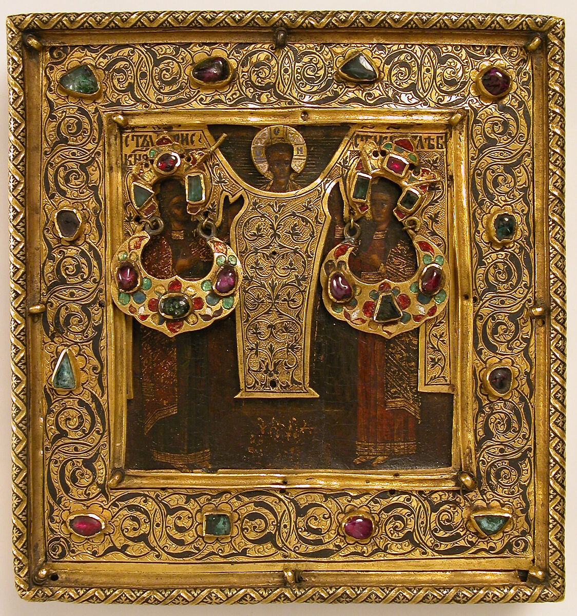 The Christ Child with Saints Boris and Gleb, Russian Painter (16th–18th century), (a) tempera and gold on wood; (b) gold and enamel studded with jewels