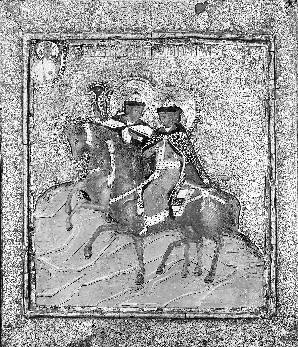 Saints Boris and Gleb, Russian Painter (17th century), Tempera on wood, silver and silver-gilt cover 