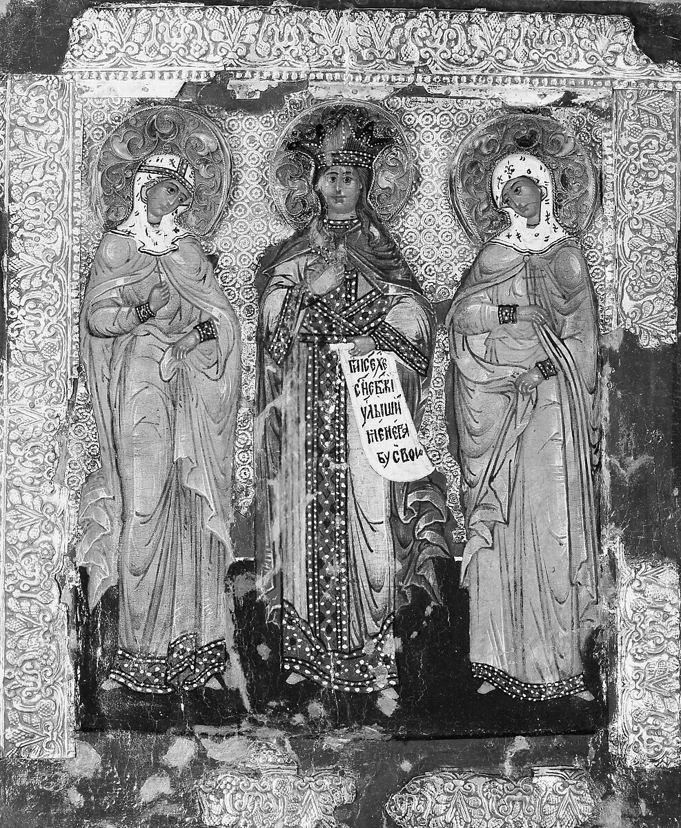 Three Female Saints, Russian Painter (18th century), Tempera on wood, silver-gilt and enamel cover 