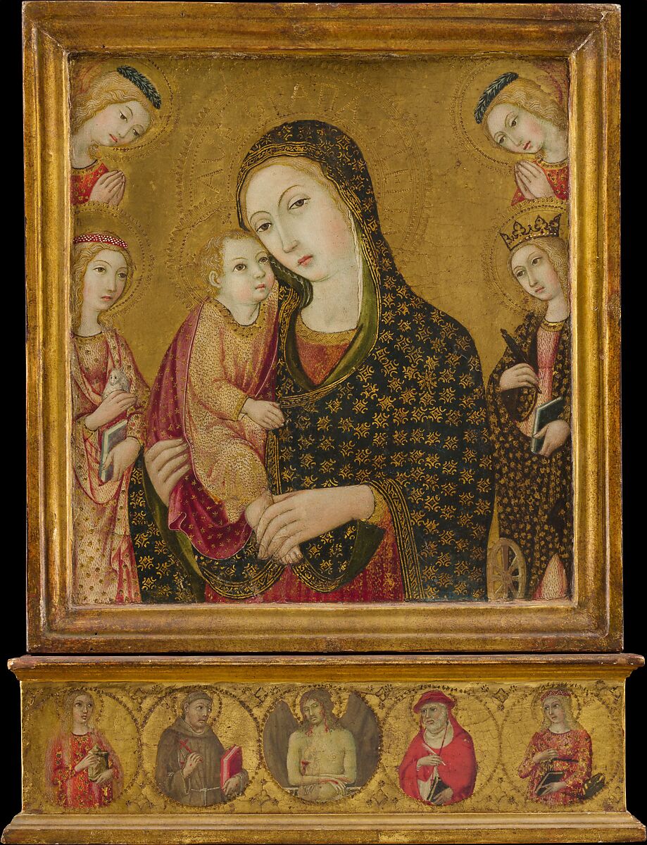 Madonna and Child with the Dead Christ, Saints Agnes and Catherine of Alexandria, and Two Angels, Sano di Pietro (Ansano di Pietro di Mencio) (Italian, Siena 1405–1481 Siena), Tempera on wood, gold ground 