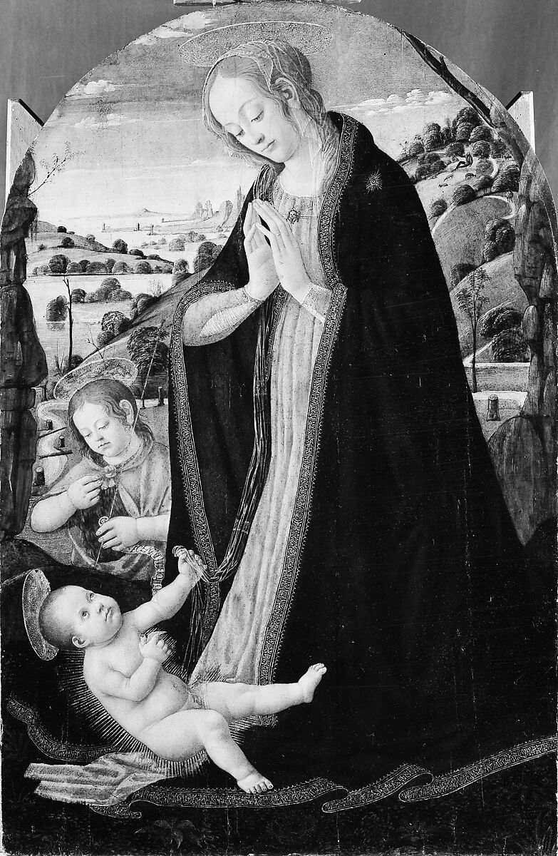 The Virgin Adoring the Child with the Infant Saint John the Baptist, Jacopo di Arcangelo (called Jacopo del Sellaio) (Italian, Florence 1441/42–1493 Florence), Tempera and gold on wood 