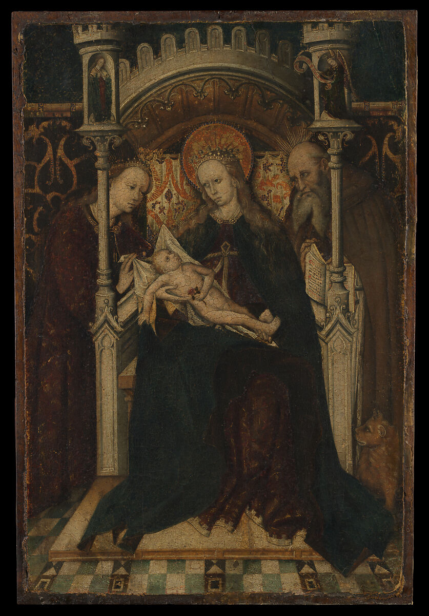 Virgin and Child Enthroned with Saints Catherine and Jerome, Spanish Painter (mid-15th century), Tempera, oil, and gold on wood 