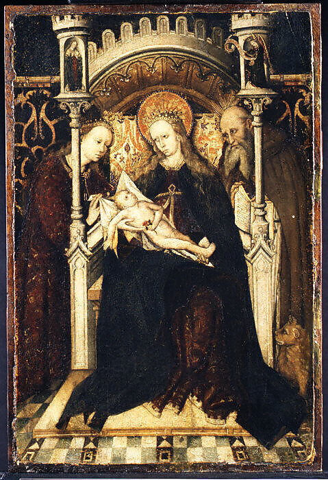 Virgin and Child Enthroned with Saints Catherine and Jerome, Spanish Painter (mid-15th century), Tempera, oil, and gold on wood