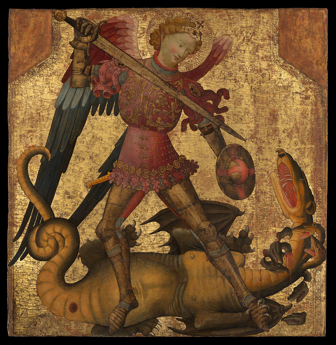 Saint Michael and the Dragon, Spanish (Valencian) Painter (active in Italy, early 15th century), Tempera on wood, gold ground 