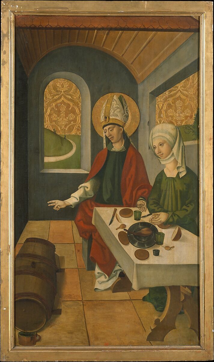 Saint Remigius Replenishing the Barrel of Wine; (interior) Saint Remigius and the Burning Wheat, Swiss Painter  Swiss, Oil, gold, and white metal on wood