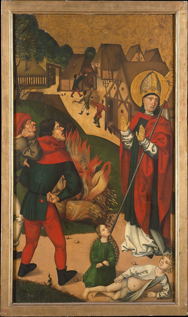 Saint Remigius Replenishing the Barrel of Wine; (interior) Saint Remigius and the Burning Wheat, Swiss Painter, Oil, gold, and white metal on wood