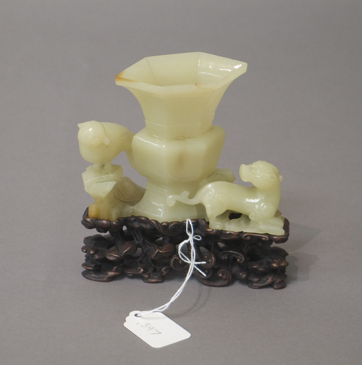 Flower vase, Nephrite, pale yellow of waxy aspect tinged in places with light brown, China