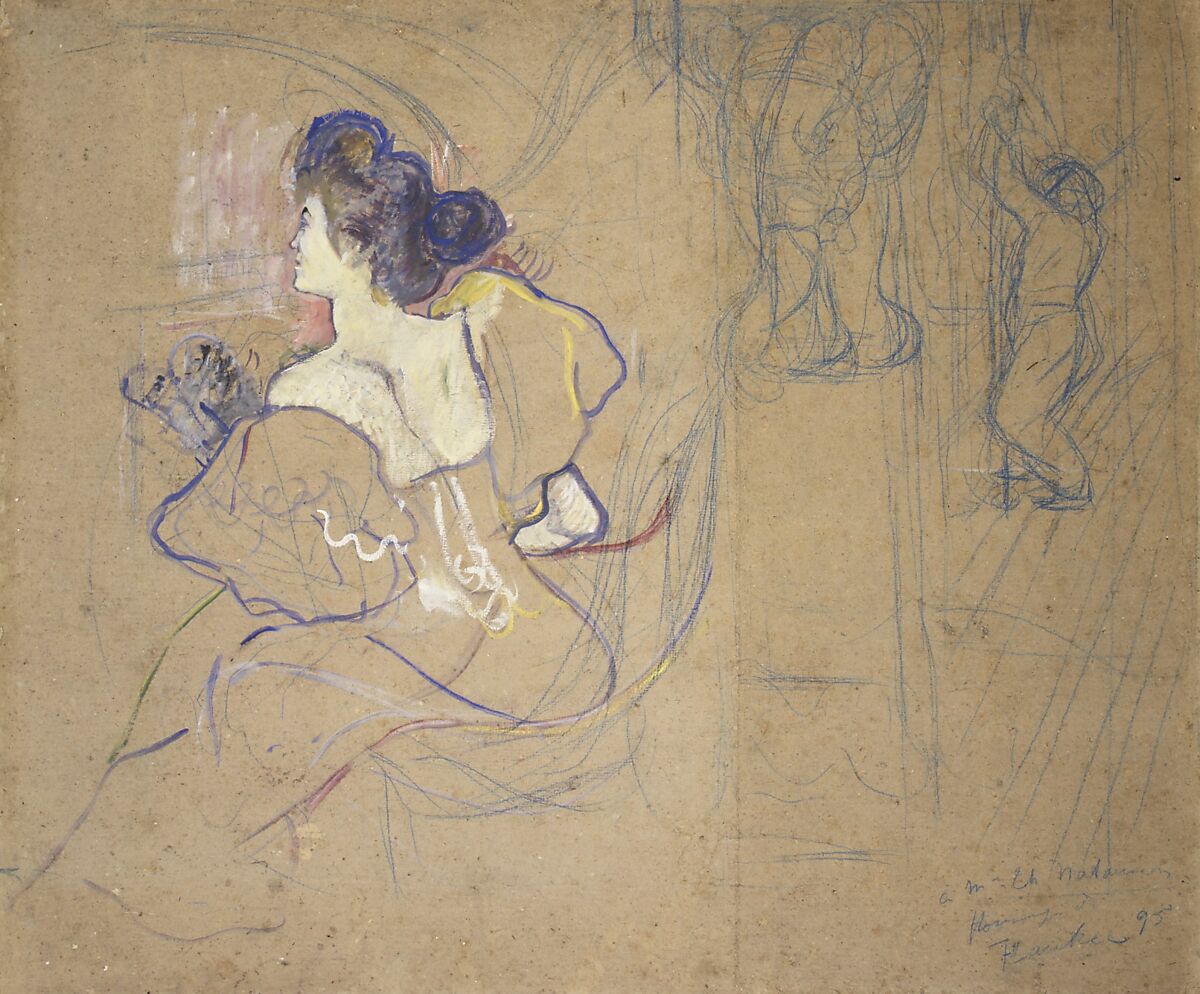 Madame Thadée Natanson (Misia Godebska, 1872–1950) at the Theater, Henri de Toulouse-Lautrec  French, Oil on cardboard