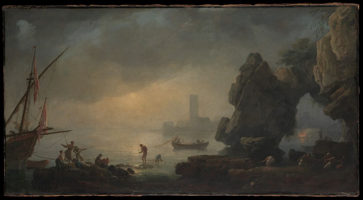 Harbor Scene with a Grotto and Fishermen Hauling in Nets, Style of Joseph Vernet (French, late 18th century), Oil on canvas 