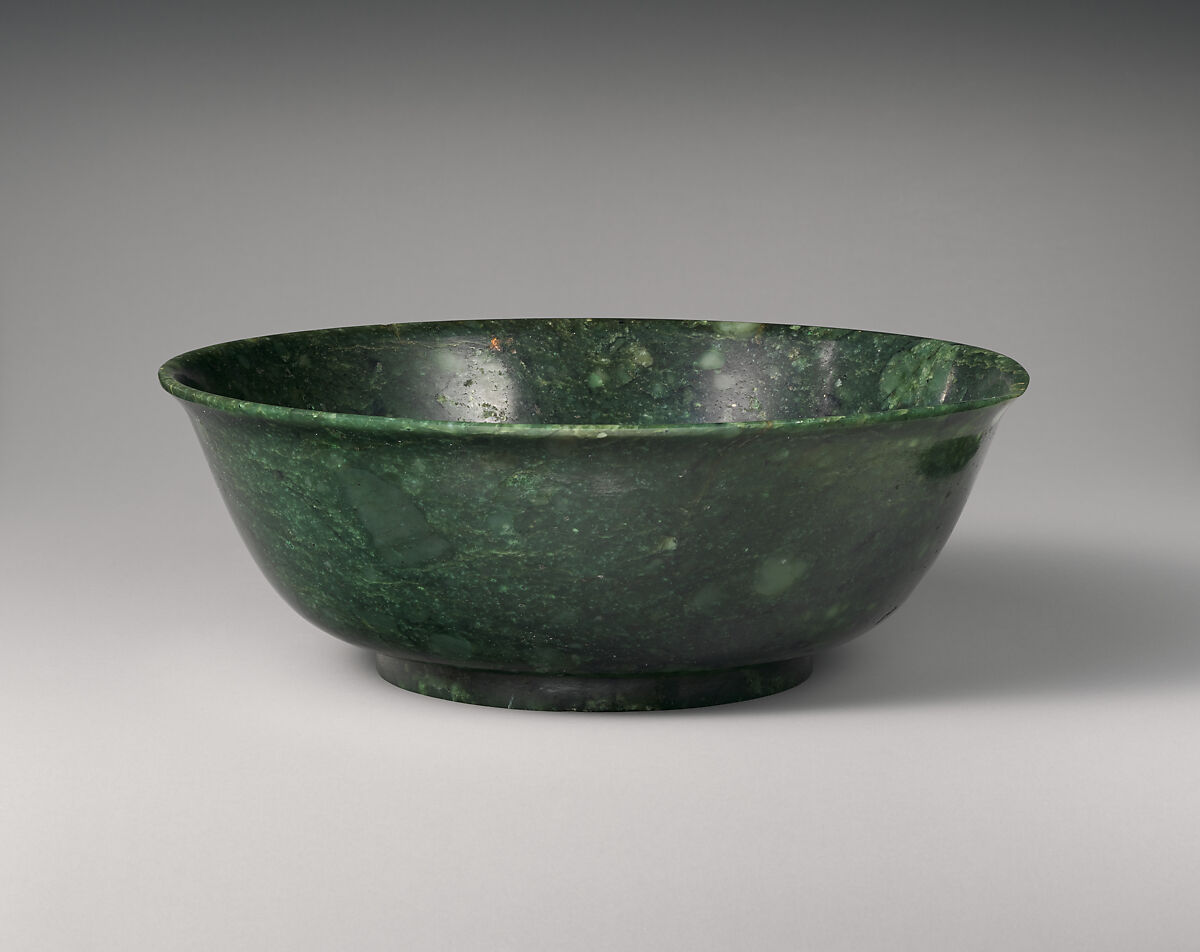 Bowl, Nephrite, dark seaweed green with mottlings of very light green, China